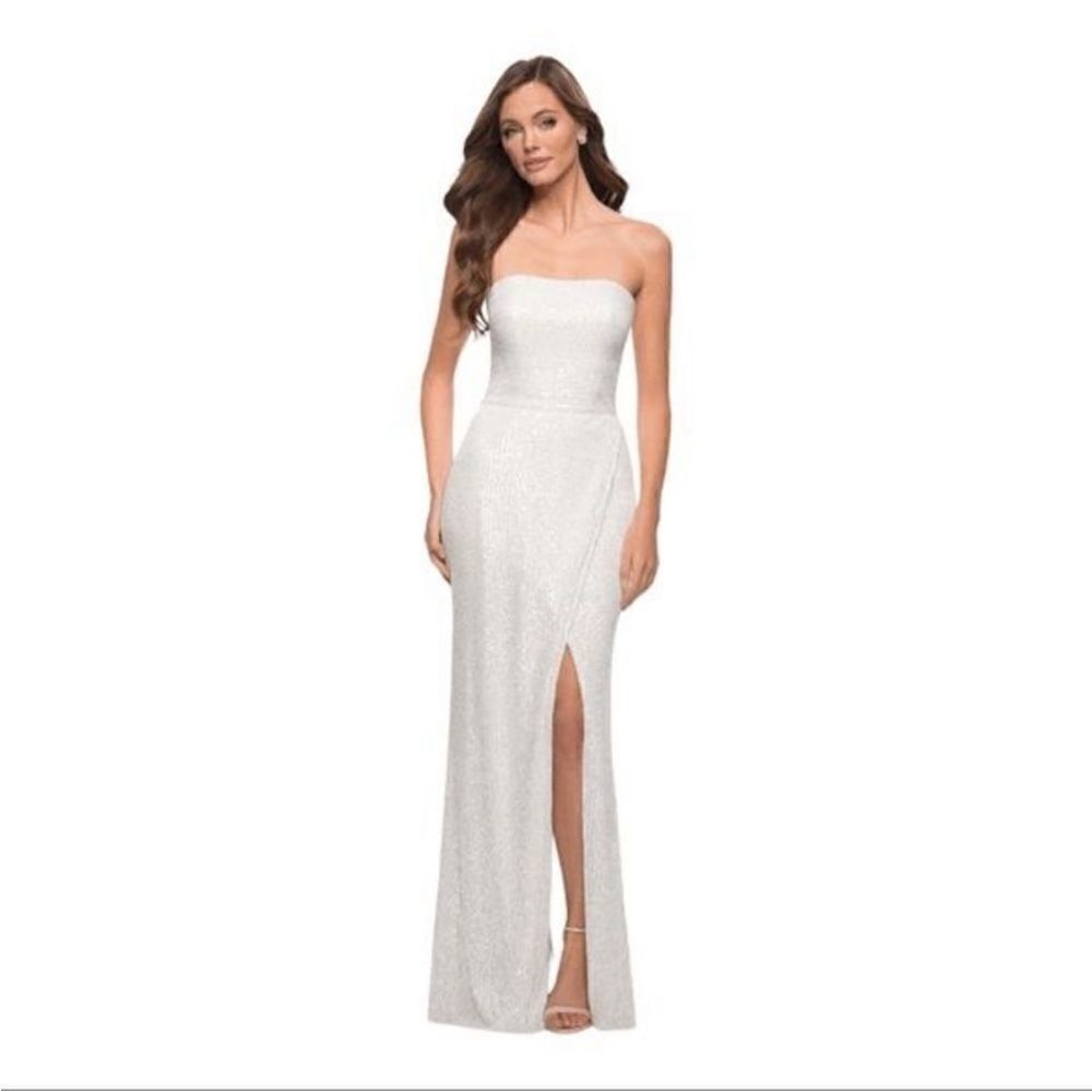 La Femme White Glitter Sequin Strapless Criss Cross Sexy High Slit Gown size 6